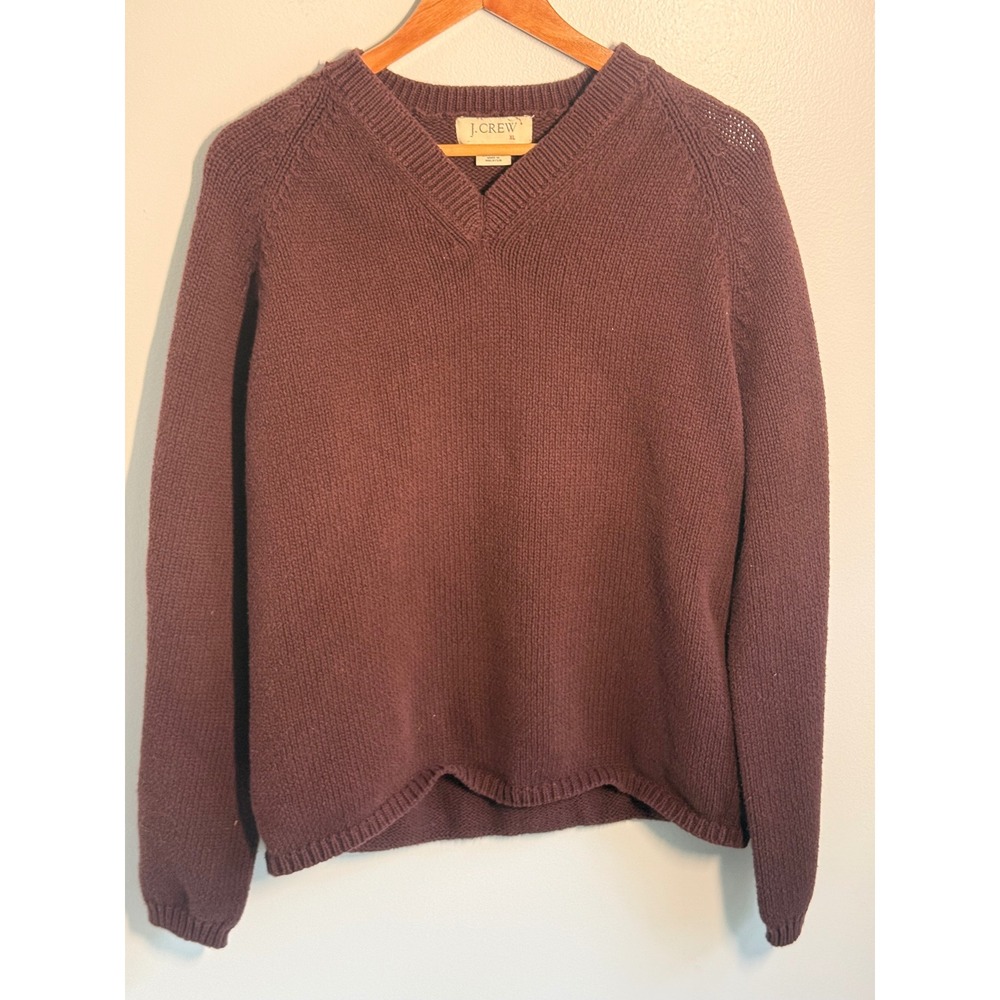 J.Crew Womens XL Burgundy Plum 100% Cotton V-Neck Shaker Stitch Pullover Sweater